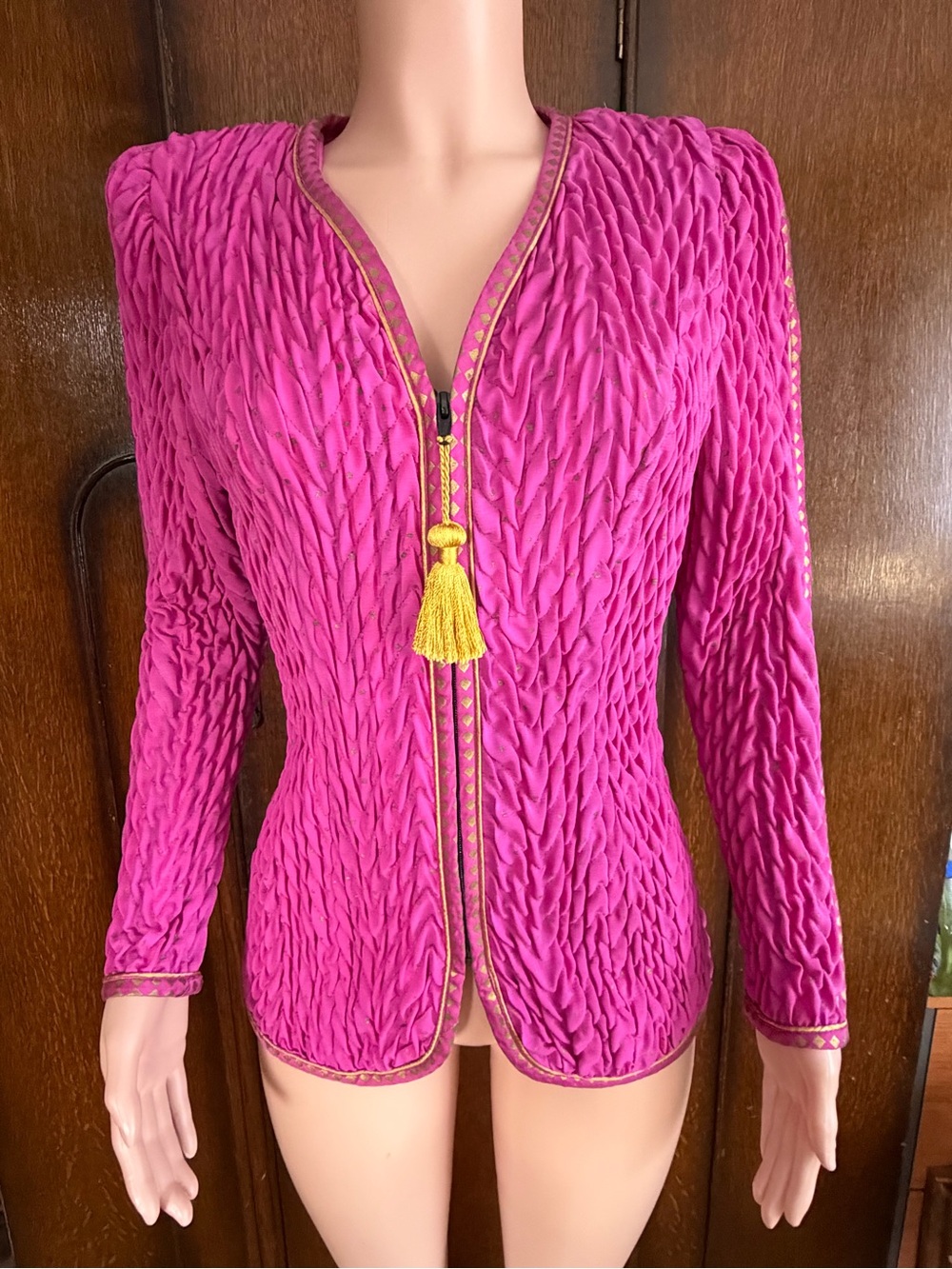Cult 80’s Designer Jeanne Marc Fuchsia Textured Jacket with Gold Tassel Trim SM